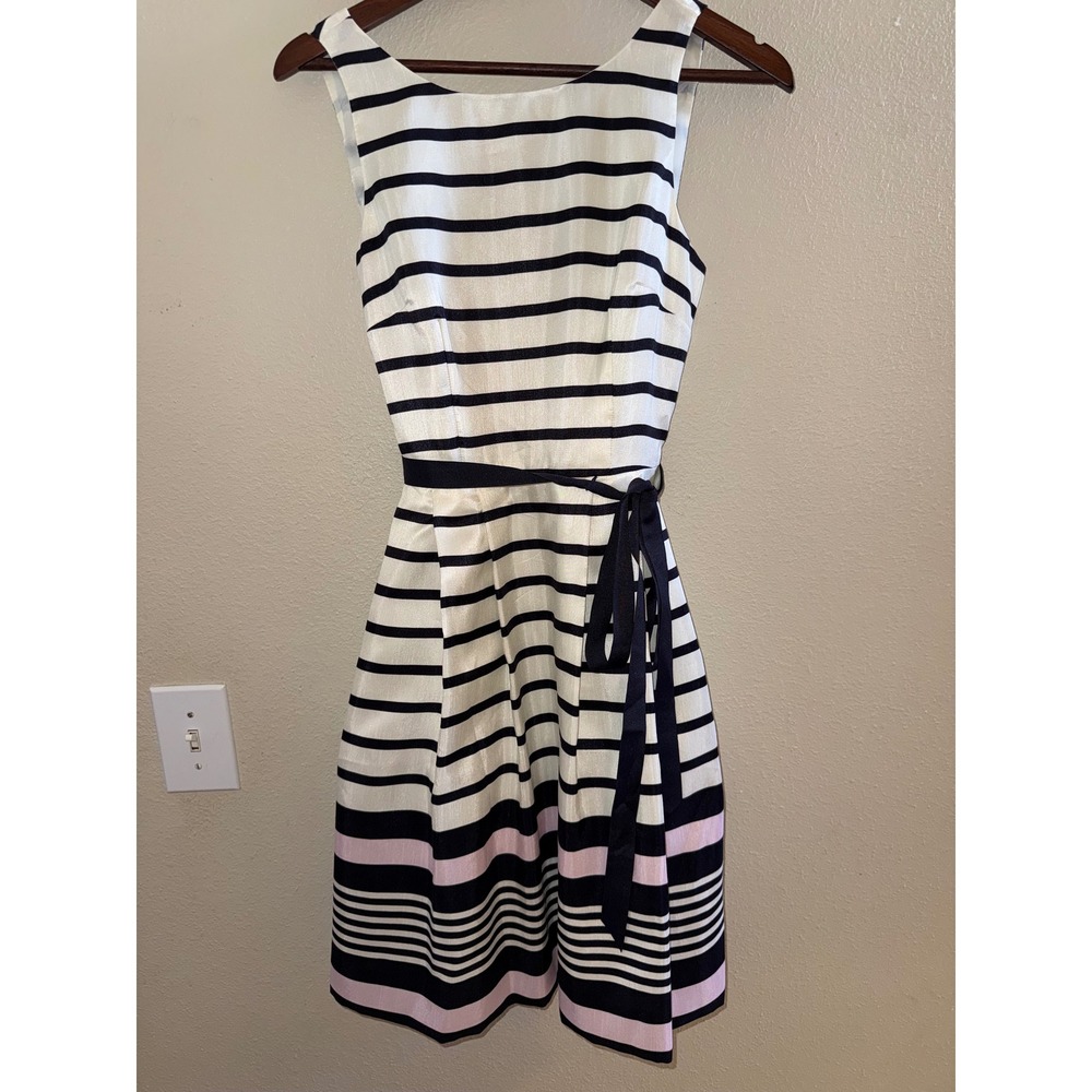 Jessica Howard Navy White Striped Fit Flare Dress Pink Hem JHDM4621 Womens 6